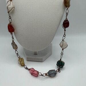 Handmade Wire Wrapped Multi‎ Gemstone Station Necklace Copper Tone Boho Career